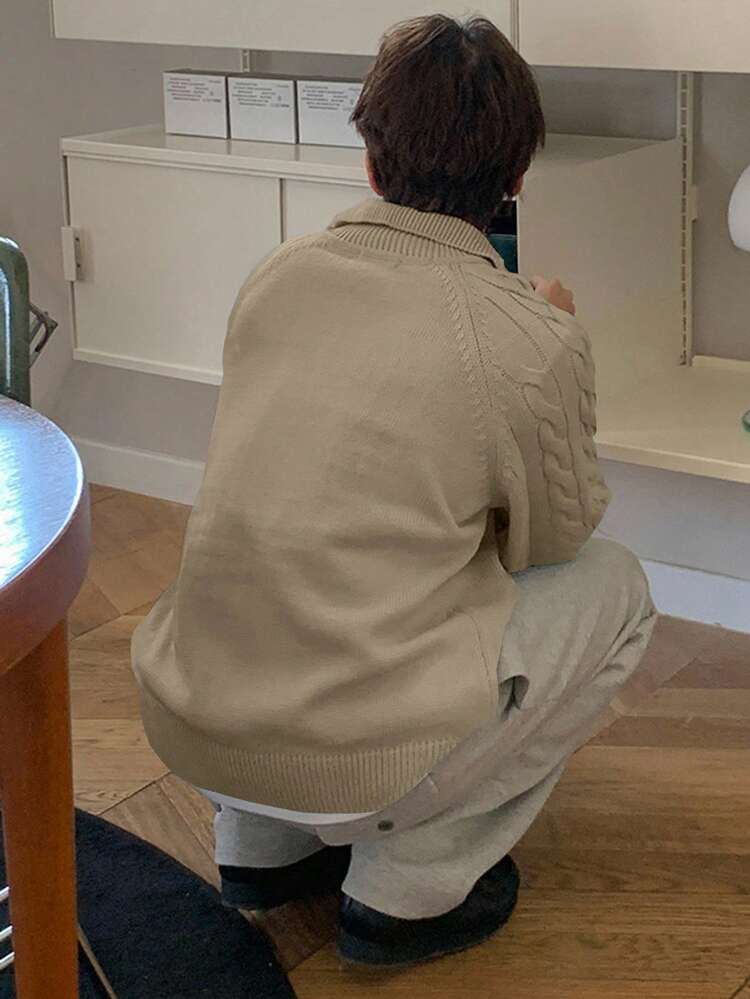 Solid Color Khaki Half-Zip Men Sweater, Autumn/Winter