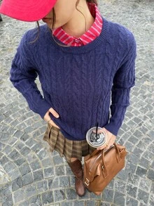 INAWLY Casual Solid Color Round Neck Long Sleeve Versatile Women Sweater - Navy Blue - View 1