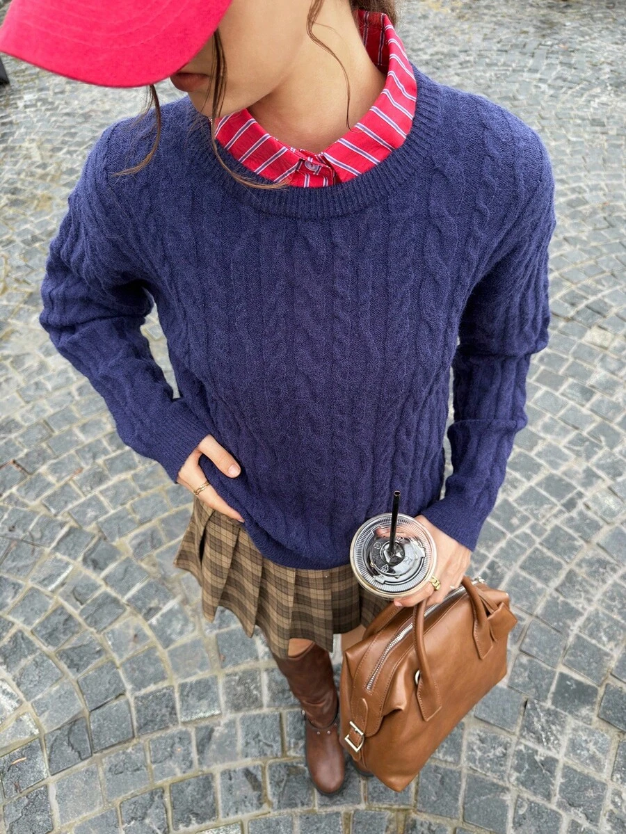 INAWLY Casual Solid Color Round Neck Long Sleeve Versatile Women Sweater - Navy Blue - View 1