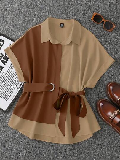 Franclia Áo cánh kiểu Pháp màu khối đen trắng cỡ lớn thiết kế thắt lưng nơ kiểu Pháp đi làm sang trọng Áo cánh màu nâu cho nữ Áo cánh voan cho nữ Áo màu đất Áo màu nâu cà phê Áo sơ mi màu nâu cho nữ