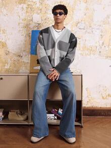 SWAVVY Men's Autumn Casual Collegiate Style Patchwork Pattern V-Neck Button-Up Cardigan, For Fall Winter - Grey - View 3