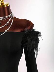 Y2K Amplova BLACK Christmas New Year Thanksgiving Party Women's Solid BLACK Color Faux Fur Off Shoulder Long Sleeve Fitted Fashionable Mini Dress