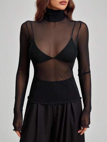 SHEIN Tall Estilo Estocolmo, Outono Feminino, Nova Coleção Primavera 2025 Feminina, Blusa de Tricô com Gola Alta e Gola Alta em Tecido Felpudo, Preta para Outono/Inverno, Blusa Feminina para o Ano Novo, Blusa Preta de Manga Longa em Tela