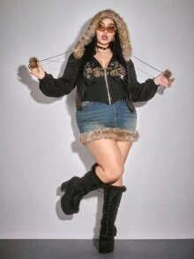 ROMWE Goth Black Graphic Y2K Subculture Retro Fitted Leopard Print Hooded Sweatshirt, Vintage Vine Print Rhinestone Embellished Plus Size Sweatshirt/Winter - Black - View 8