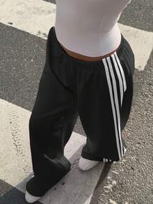 Quần nỉ nữ màu đen dệt kim kẻ sọc phối màu kiểu dáng thường ngày - màu đen - Xem 5