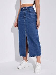 SHEIN ICON 女士时尚休闲开衩长牛仔裙 - 中等水洗藍 - 查看 4