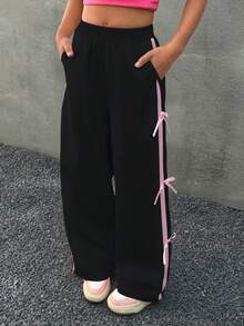 Coolane Kids Tween Girls Fall/Winter Elastic Waist Tie-Belted Utility Pants With Pockets And Bowknot,Graduation,Streetwear,Cute Pants With Bows Bow Pants Girls Loose Pants Girl Wide Leg Pant Baggy Pants With Blue Bow Girls - Black - View 1