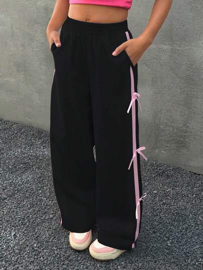 Coolane Kids Tween Girls Fall/Winter Elastic Waist Tie-Belted Utility Pants With Pockets And Bowknot,Graduation,Streetwear,Cute Pants With Bows Bow Pants Girls Loose Pants Girl Wide Leg Pant Baggy Pants With Blue Bow Girls