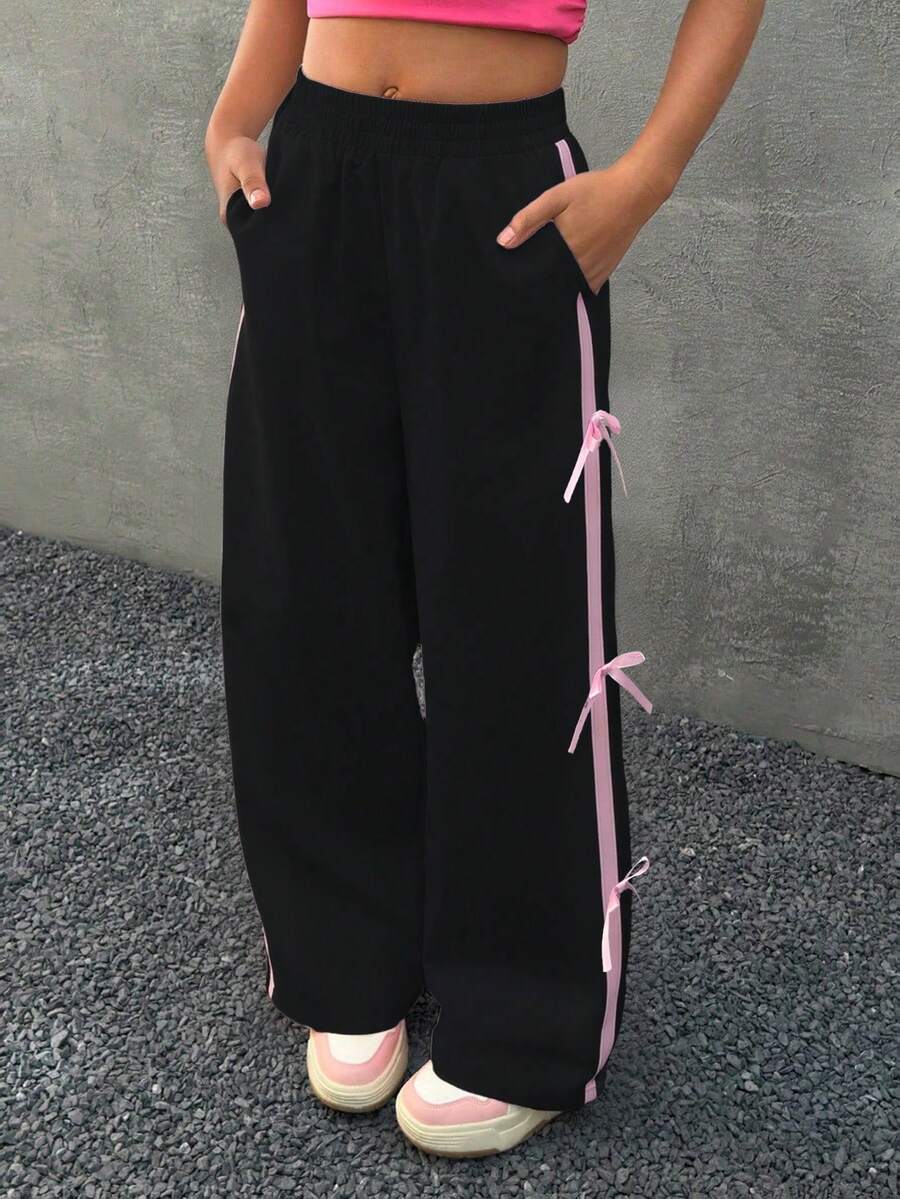 Coolane Kids Tween Girls Fall/Winter Elastic Waist Tie-Belted Utility Pants With Pockets And Bowknot,Graduation,Streetwear,Cute Pants With Bows Bow Pants Girls Loose Pants Girl Wide Leg Pant Baggy Pants With Blue Bow Girls - Black - View 1