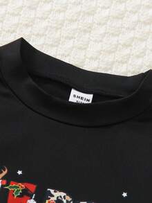 SHEIN Young Boy's Cartoon Ghost & English Letter Print T-Shirt, Fashion Versatile For Party, Daily, Outdoor Occasions Fall Winter,Christmas Clothes - Black - View 7