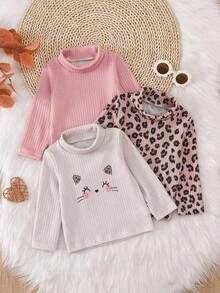 SHEIN 3 件女童秋冬高领长袖上衣 - 纯粉色 + 豹纹 + 猫咪图案汗衫套装 - 彩色 - 查看 8