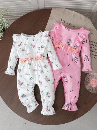 2 pièces Ensemble princesse pour bébé fille, body à fleurs avec décoration nœud, body-combinaison à manches longues, ensemble de tenue extérieure pour bébé