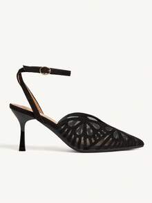 CUCCOO CHICEST 女士尖头镂空高跟鞋，优雅通勤浪漫性感哥特风格，黑色仿麂皮网眼，踝带高跟鞋，适合下午茶、约会、派对、职场、万圣节 - 黑色 - 查看 8