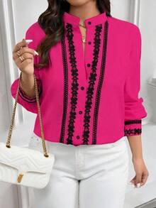 EMERY ROSE Plus Size Contrast Color Trim Collar & Cuff Casual/Work Wear Long Sleeve Shirt - Hot Pink - View 4