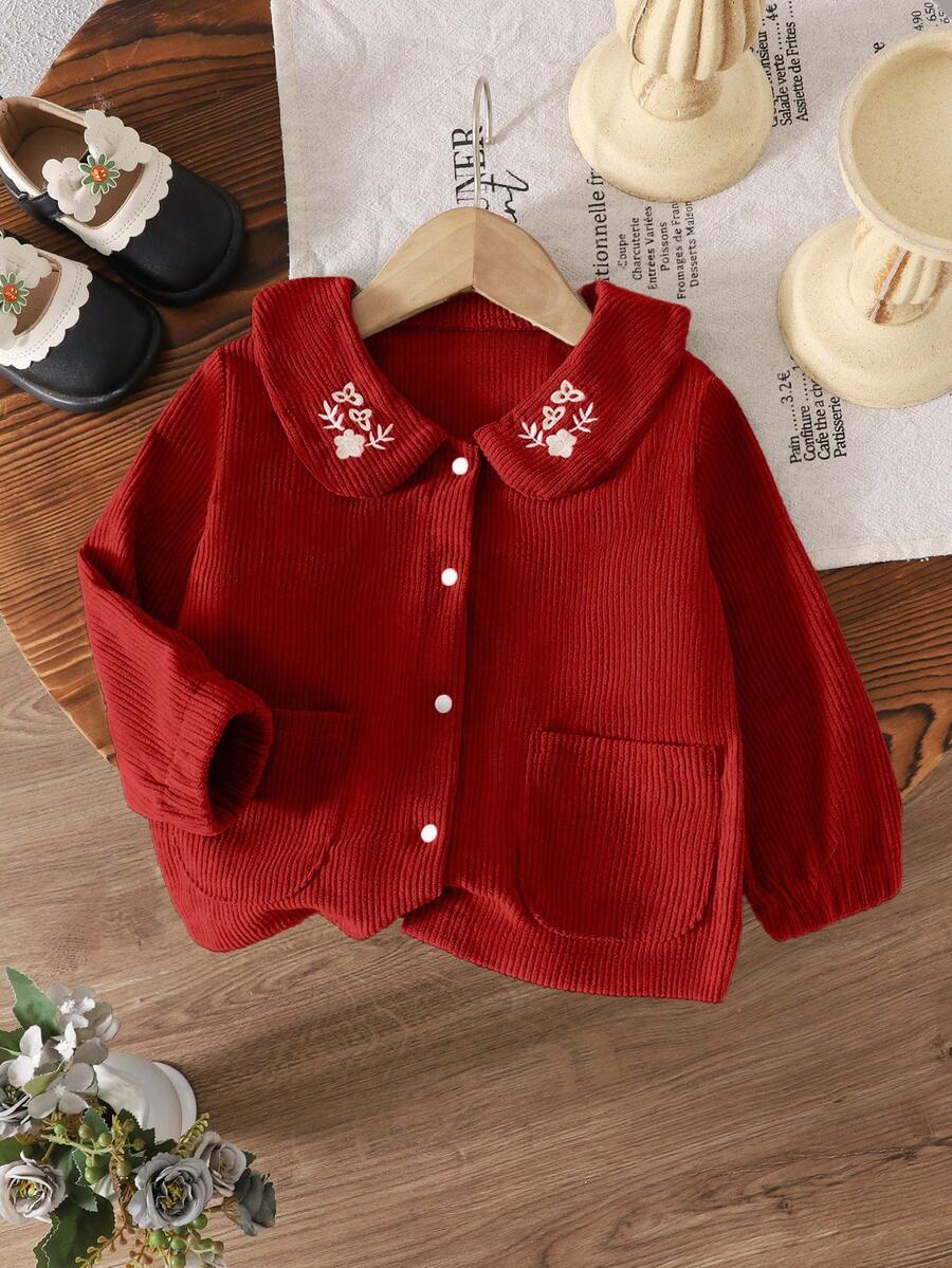 SHEIN Girls' Corduroy Woven Jacket, Solid Color, Popular Baby Girl Clothing, Spring/Autumn/Winter - Red - View 1