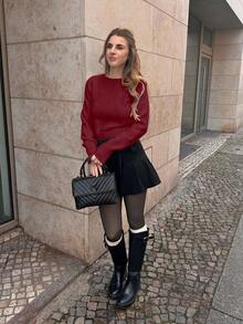 Pariaura 女士圆领长袖休闲针织毛衣，V 形露背设计，带蝴蝶结装饰 - 紅色 - 查看 5