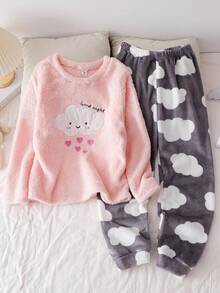 Genkimix Kids 女童毛绒睡衣套装，秋冬季，可爱粉色云朵爱心刺绣长袖上衣搭配灰色云朵印花长裤，两件套家居服 - 粉色 - 查看 4