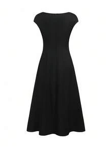 Poshira Elegant Waist Cinched Sleeveless Midi Dress For Women - Black - View 2
