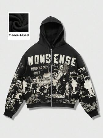 Street Life Sudadera con capucha con cremallera, cordón y estampado de letras y personajes de dibujos animados para hombre, para otoño