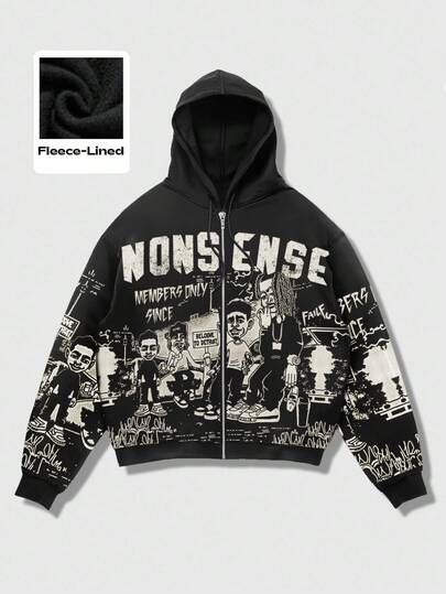 Street Life Sudadera con capucha con cremallera, cordón y estampado de letras y personajes de dibujos animados para hombre, para otoño