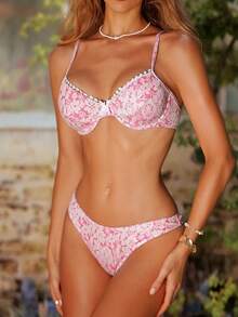 Swim Mod Looks de Praia de Verão para Mulheres: Conjunto de Maiô Bikini de 2 Peças com Alças Finas, Bordado Floral, Detalhe em Laço, Maiô de Cintura Alta para Férias na Praia Sexy - Rosa chiclete - Visão 4