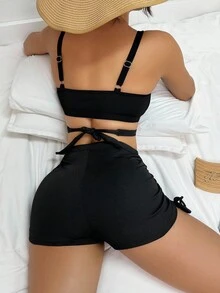 Swim Basics Summer Beach Ladies' Solid Hollow Out Bandeau Bikini Set With Ruched Detail Rave Lollapalooza - Black - View 2