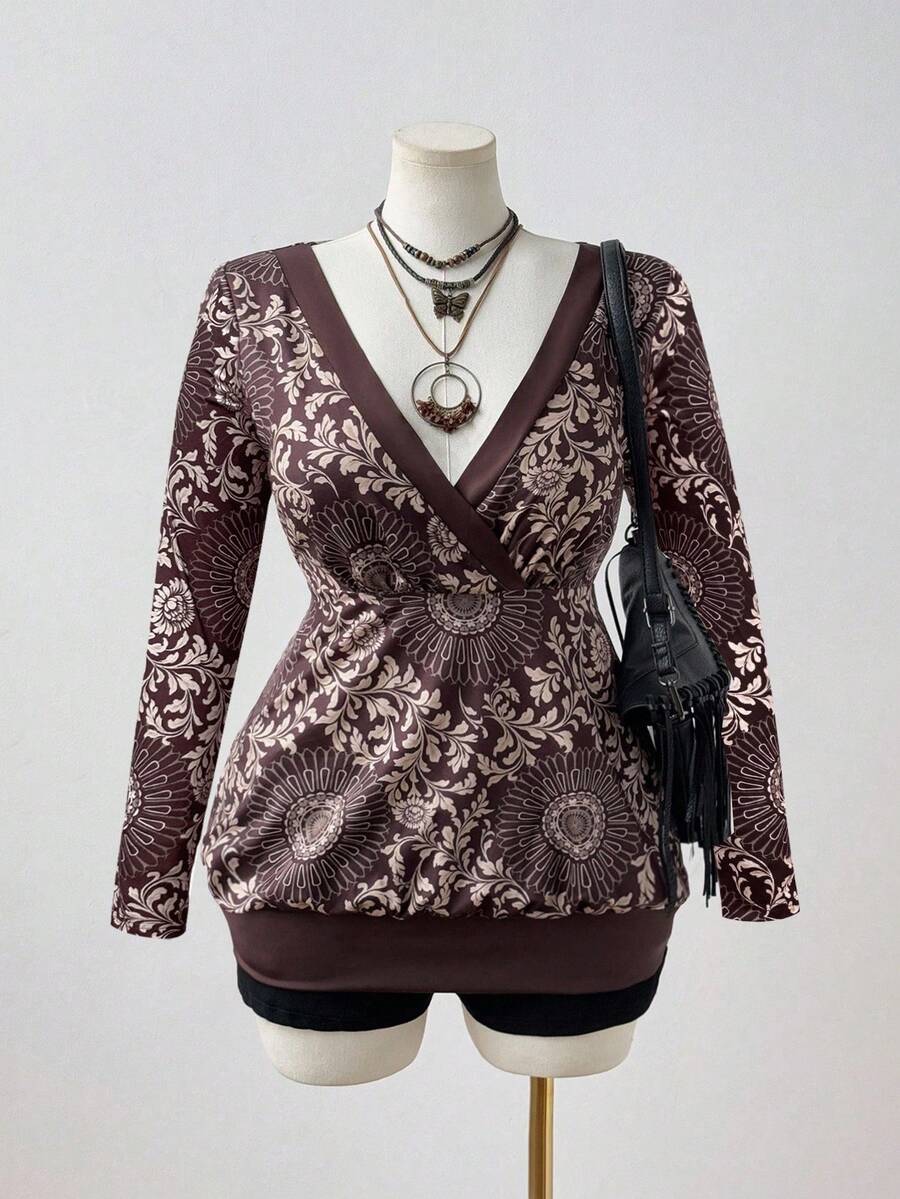 Sunspun Plus Size Women's Spring/Summer Short Sleeve Contrast Color Totem Retro Print Elegant Retro Casual Vacation A-Line T-Shirt - Brown - View 1