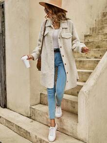 SHEIN Frenchy 秋冬落肩翻盖细节泰迪熊大衣 - 杏色 - 查看 4