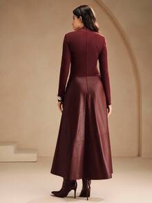 Anewsta Vestido elegante de manga larga de punto y PU para mujer en otoño/invierno, vestido ajustado de línea A largo en color burdeos, estilo streetwear, adecuado para otoño, invierno, Año Nuevo, fiestas, bodas - Burdeos - Ver 2