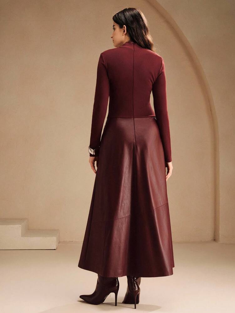 Women's Autumn/Winter PU Knit New Long Sleeve Elegant Dress, Burgundy Long A-Line Streetwear Style Fitted Dress, Suitable For Fall, Winter, New Year, Party, Wedding