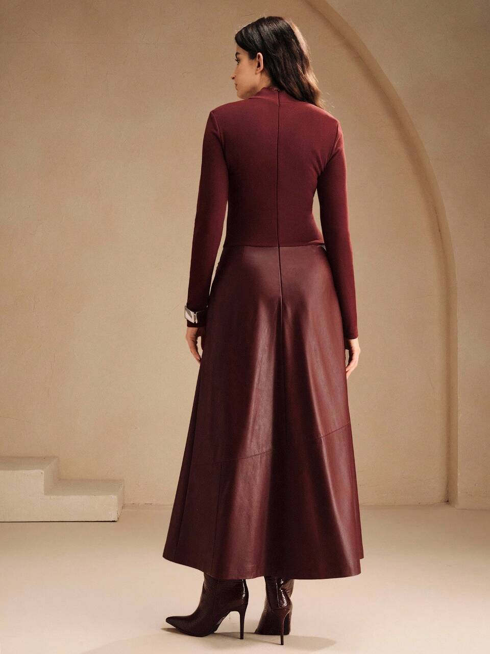 Women's Autumn Burgundy Elegant PU Knit Long Sleeve Dress,Long A-Line Fitted Dining Streetwear Style,Suitable For Winter,New Year,Party,Wedding