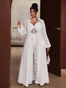 Maweii Plus Size Women Lantern Sleeve Open Front Lace Elegant Long Cardigan - White - View 4