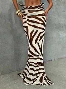 Aloruh 女式性感优雅复古热带雨林斑马图案连体泳衣，搭配低腰长鱼尾裙和沙滩裹身罩衫，春夏 - 棕色 - 查看 3