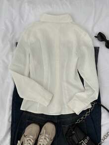 SHEIN Attitoon Women's Casual Cinched Waist Long Sleeve Button-Up Shirt, Suitable For Autumn/Winter, Office Wear - White - View 2