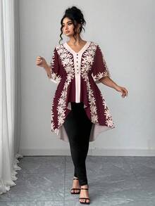 Elenzga Christmas Plus Size Women V-Neck Short Sleeve Placement Print Front Button Decor Black & Beige White Front Short Back Long Waist Cinched Top With High Waist Elastic Waist Pants, Elegant Office Wear 2-Piece Set, Spring/Summer - Burgundy - View 5