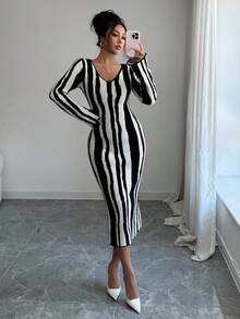 Elenzga Black & White Striped V-Neck Fitted Elegant Sweater Dress, Autumn/Winter - Black - View 1