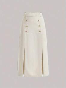 GlowEve Chân váy chữ A nhung kẻ cho nữ - Màu be - Xem 3