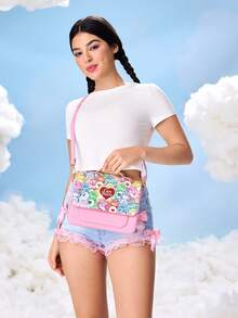 SHEIN X Care Bears 1pc Cartoon Print PU Leather Handbag With Adjustable Shoulder Strap, Large Capacity Suitable For Commuting, School, Weekend Trips, Energetic & Cute, Bag, College Style, Cheer Bear, Bear, Share Bear - Pink - View 4