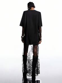 LYSMO Vestido largo holgado con cuello redondo y encaje de contraste para mujer