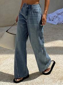 Livesso 女式休闲做旧水钻口袋宽松牛仔裤 - 深色水洗藍 - 查看 3