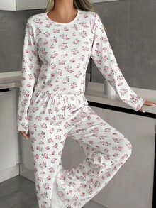 EURMUSE Women Cotton Rib Knit With Flower Patterned Long Sleeve&Pants Homewear Comfort Lounge Pajama Set For Ladies Pj Sets For Women Long Sleeve Women Lounge Set Comfy Pajamas Set Women's Lounge Set - White - View 4