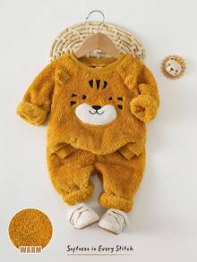 Cozy Pixies 2pcs Baby Boy Cartoon Tiger Print Fleece Ear Decor Crew Neck Long Sleeve Hoodie And Elastic Waist Long Pants Set Fall Winter
