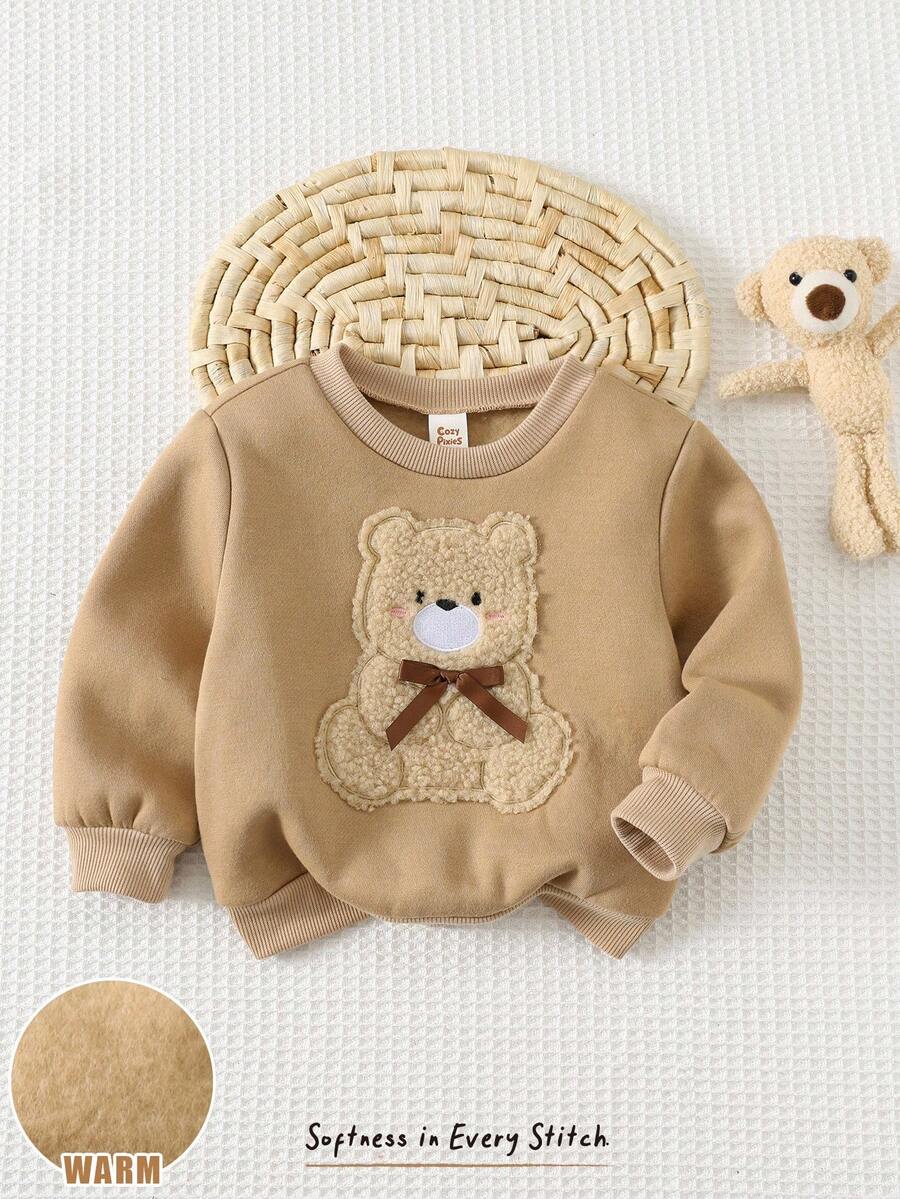 Cozy Pixies Baby Girl Cartoon 3D Plush Bow & Bear Pattern Crew Neck Long Sleeve Soft Warm Sweatshirt, Suitable For Autumn/Winter