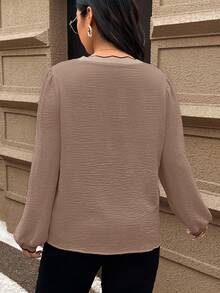 SHEIN Frenchy 秋季大码拼色长袖衬衫 - 卡其色 - 查看 3