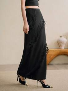 EMERY ROSE Nowa, asymetryczna spódnica damska w kształcie litery A, jesień/zima, z frędzlami i łukiem, z marszczeniem w talii, minimalistyczna i stylowa, odpowiednia dla nauczycieli, do pracy i na co dzień - Czarne - Zobacz 1