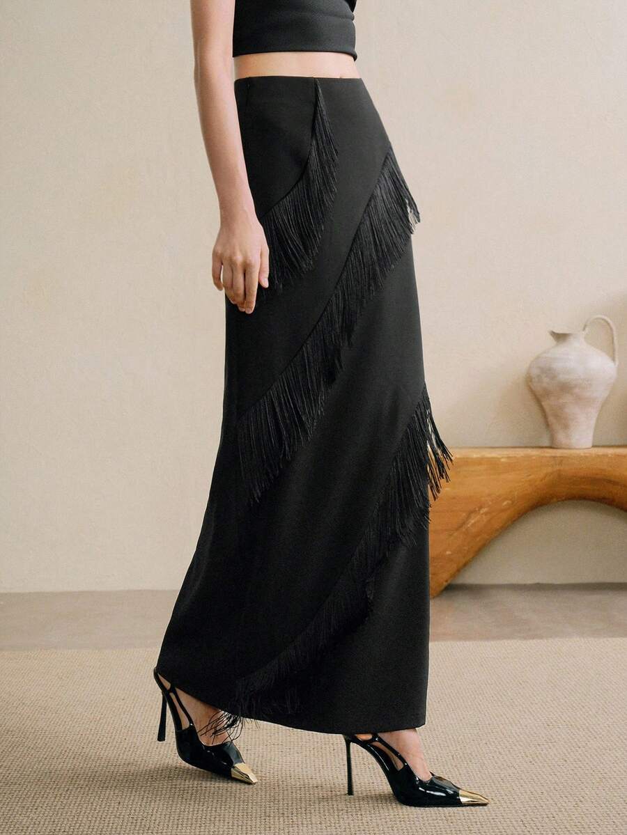 EMERY ROSE Nowa, asymetryczna spódnica damska w kształcie litery A, jesień/zima, z frędzlami i łukiem, z marszczeniem w talii, minimalistyczna i stylowa, odpowiednia dla nauczycieli, do pracy i na co dzień - Czarne - Zobacz 1