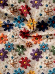 EMERY ROSE 大码女装日常休闲优雅复古度假风热带仿羊毛花卉图案圆领双层小飞袖宽松衬衫，女装夏装，女 - 彩色 - 查看 4