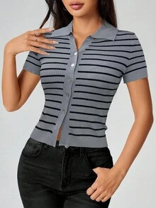 SHEIN PETITE Áo len cài nút kẻ sọc cổ tròn dành cho nữ - Nhiều màu - Xem 6