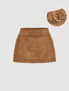 SHEIN MOD Falda-pantalón vintage de los años 70 con detalles de cinturón y lentejuelas marrones - Estilo western, bohemio, Y2K, country cottage, nómada, perfecta para volver al colegio - Café integral - Ver 2