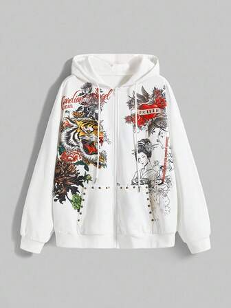 Grunge Punk sweat-shirt à capuche zippé doublé thermique avec imprimé rétro Y2K baddie, rivets, tête de tigre vintage, fleurs et geisha, avec strass